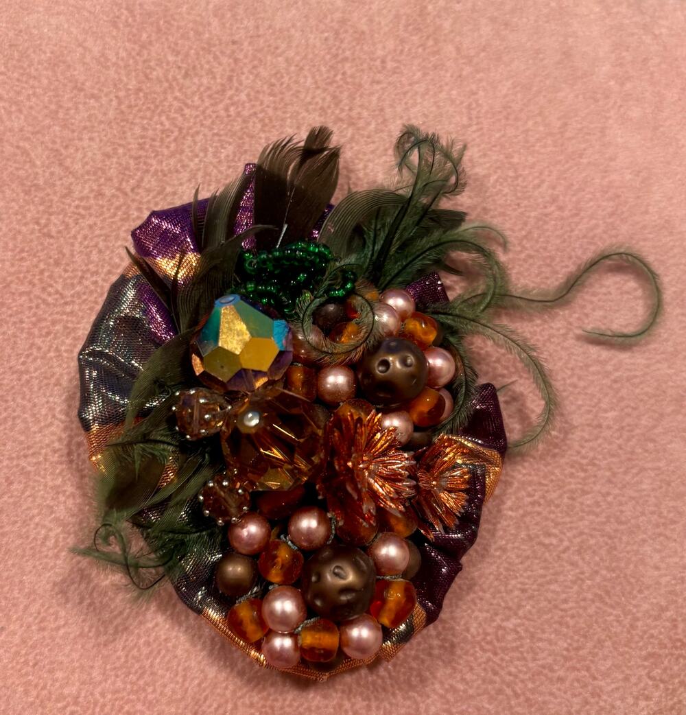 Vintage Mixed Media Brooch Pearls Feathers 3.5" x2" Orange Green Purple Metallic
